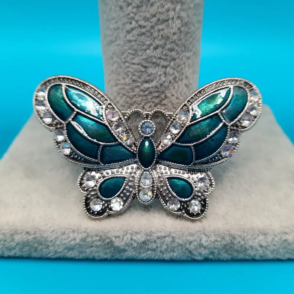Vintage Enamel Butterfly Brooch, Metallic Teal, Aurora Borealis Rhinestones